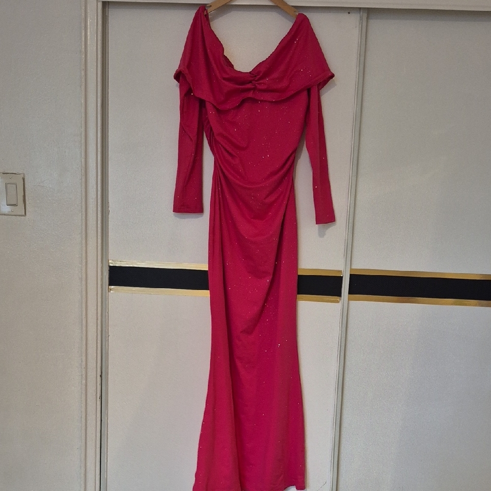 SHEIN Pink Ruched Off the Shoulder Long Sleeve Gown